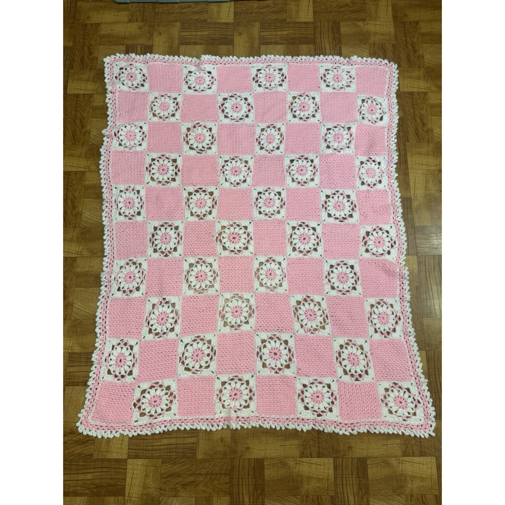 Beautiful Vintage Pink And White Handmade Crocheted Baby Blanket Granny Square